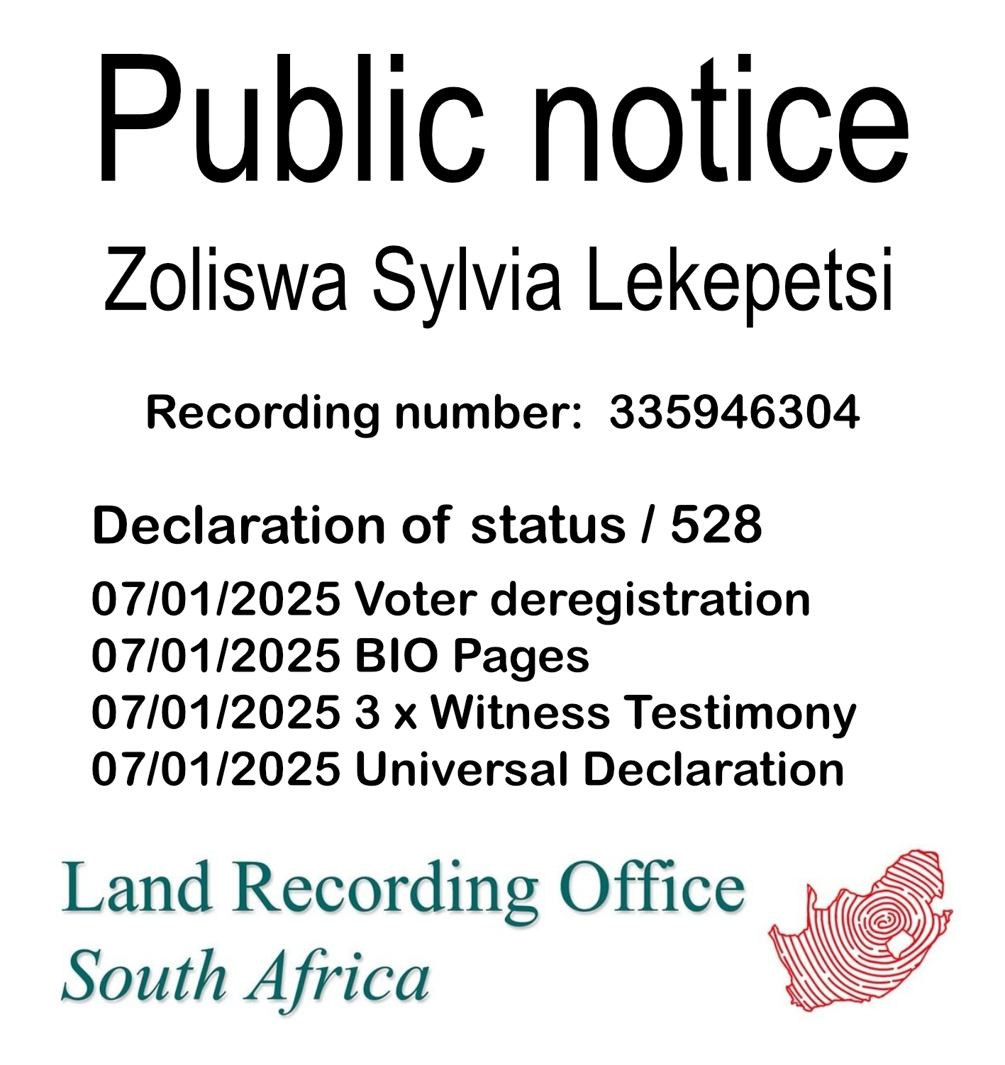 Public notice Zoliswa Sylvia Lekepetsi Recording number 335946304